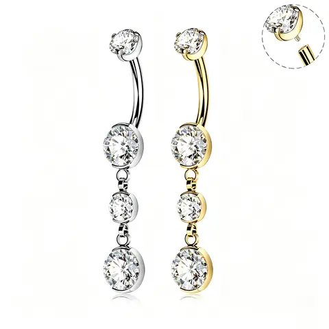 OUFER 14G Titanium Internally Threaded Dangle Cubic Zirconia Belly Button Ring - Rhinestone Embellished Basic Style, Non-Tarnish Navel Piercing Jewelry for Adult Females, Elegant Daily Body Accessory (Bar Thickness: 14g=1.6mm)