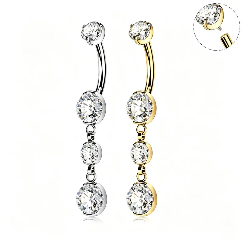 OUFER 14G Titanium Internally Threaded Dangle Cubic Zirconia Belly Button Ring - Rhinestone Embellished Basic Style, Non-Tarnish Navel Piercing Jewelry for Adult Females, Elegant Daily Body Accessory (Bar Thickness: 14g=1.6mm)