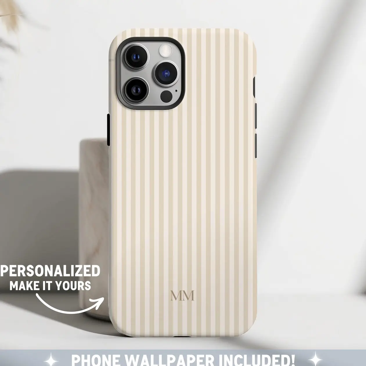 Magsafe Personalized Beige Phone Case, Magsafe Compatible Custom Monogram Phone Case, Aesthetic Brown Striped Phonecase, Summer Coastal Phonecase, Preppy Phonecase Beachy