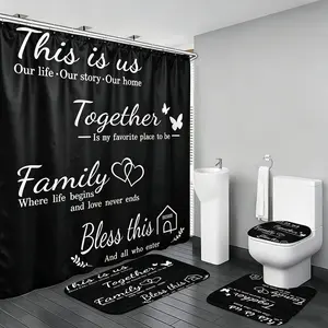 Family Shower Curtain Set All Over Print Black Home Bathroom Set with Shower Curtain and Rugs and Accessories Bathroom Decor Curtain with 12 Hooks