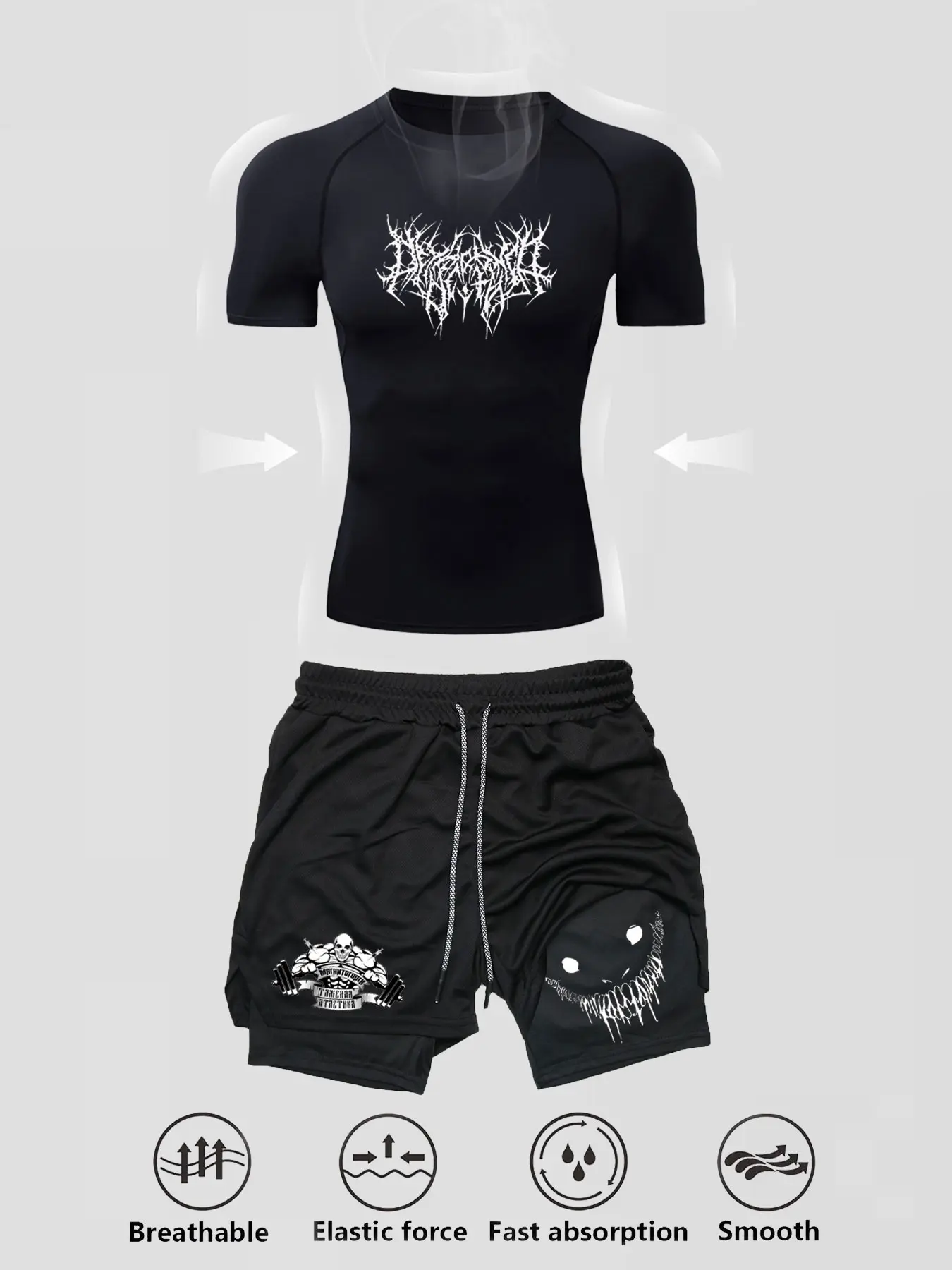 Men's Sporty Tight-Fit Quick-Dry Tee & Multi-Pocket Shorts Set, Sports Clothing, Sports Wear Set, Breathable Gym Wear, Ideal for Gym Running Training Fitness, Summer Outdoor Activities