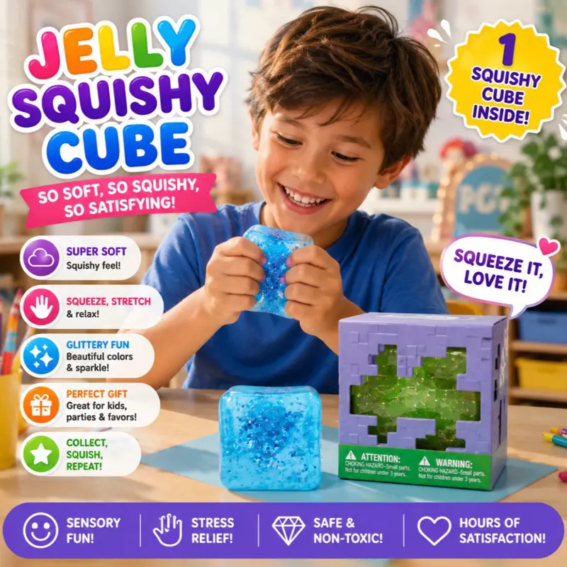 Glitter Jelly Squishy Cube – Mystery Color Sensory Fidget Toy