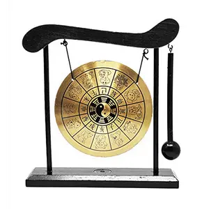 Mandala Crafts Chinese Gong - Mini Gong with Stand - Zen Art Brass Feng Shui Desktop Gong with Stand Asian Gong Bell for Home Decoration Chinese Zodiac Signs