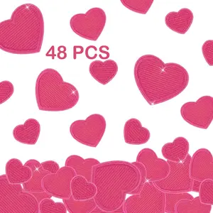 48PCS Love Vibrant Pink Heart Shape Iron On Embroidery Patches Fashion Decorative Sew On Iron on Appliques Accessories for DIY Clothing Jackets Jeans Hats Backpacks Socks