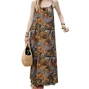 Women's Floral Leopard Print Cami Maxi Dress, Boho Backless Sleeveless Long Sundress for Summer Beach Vacation Wear