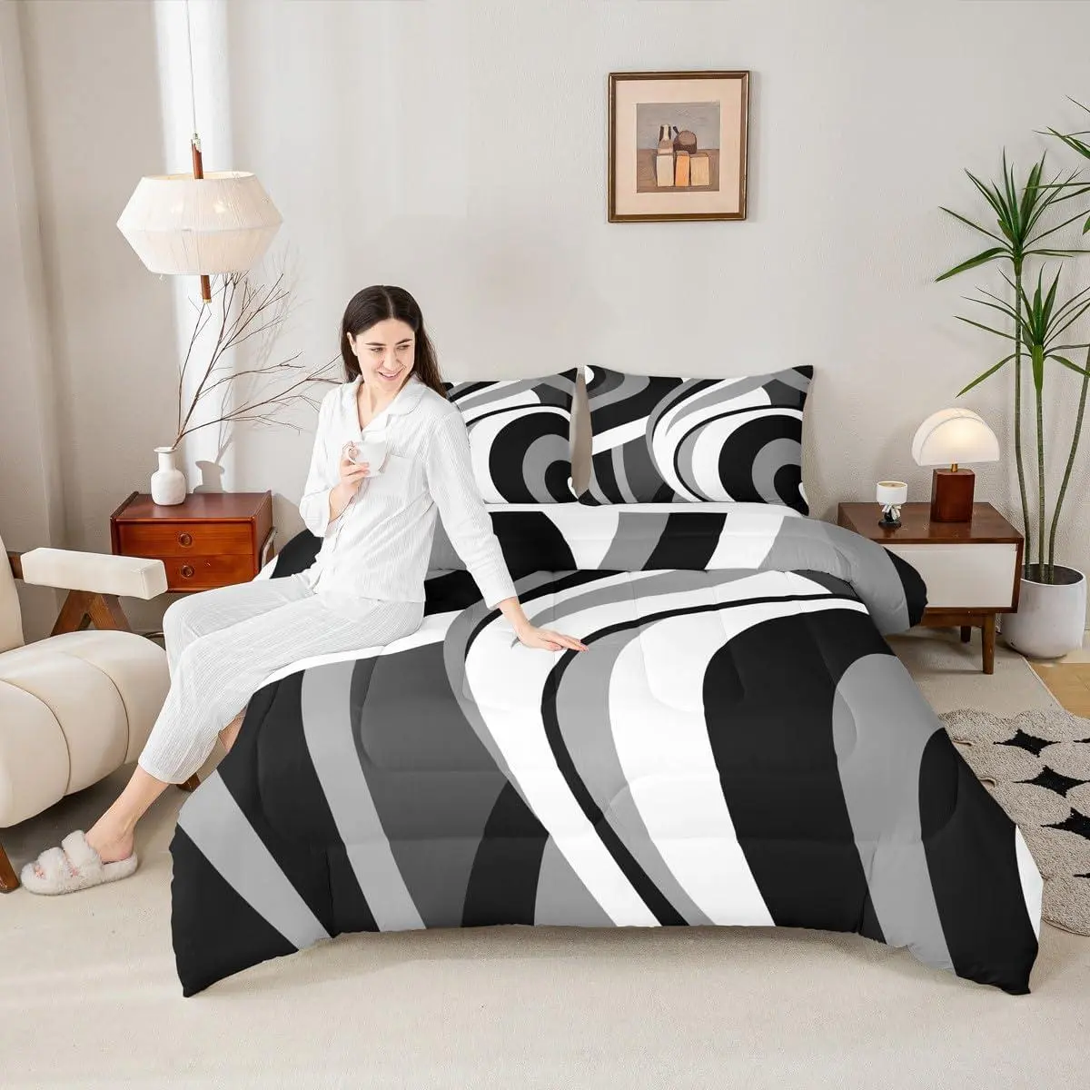 Grey White Black Comforter Set,Geometric Abstract Circle Swirls Bedding Set,Teens Men Adults Home Room Decor Stripes Quilted Duvet Modern Simple Bedspread