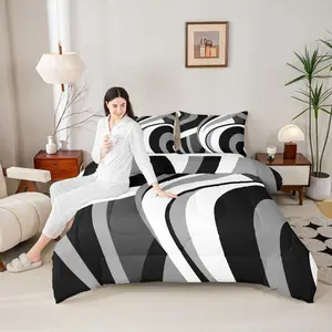 Grey White Black Comforter Set,Geometric Abstract Circle Swirls Bedding Set,Teens Men Adults Home Room Decor Stripes Quilted Duvet Modern Simple Bedspread