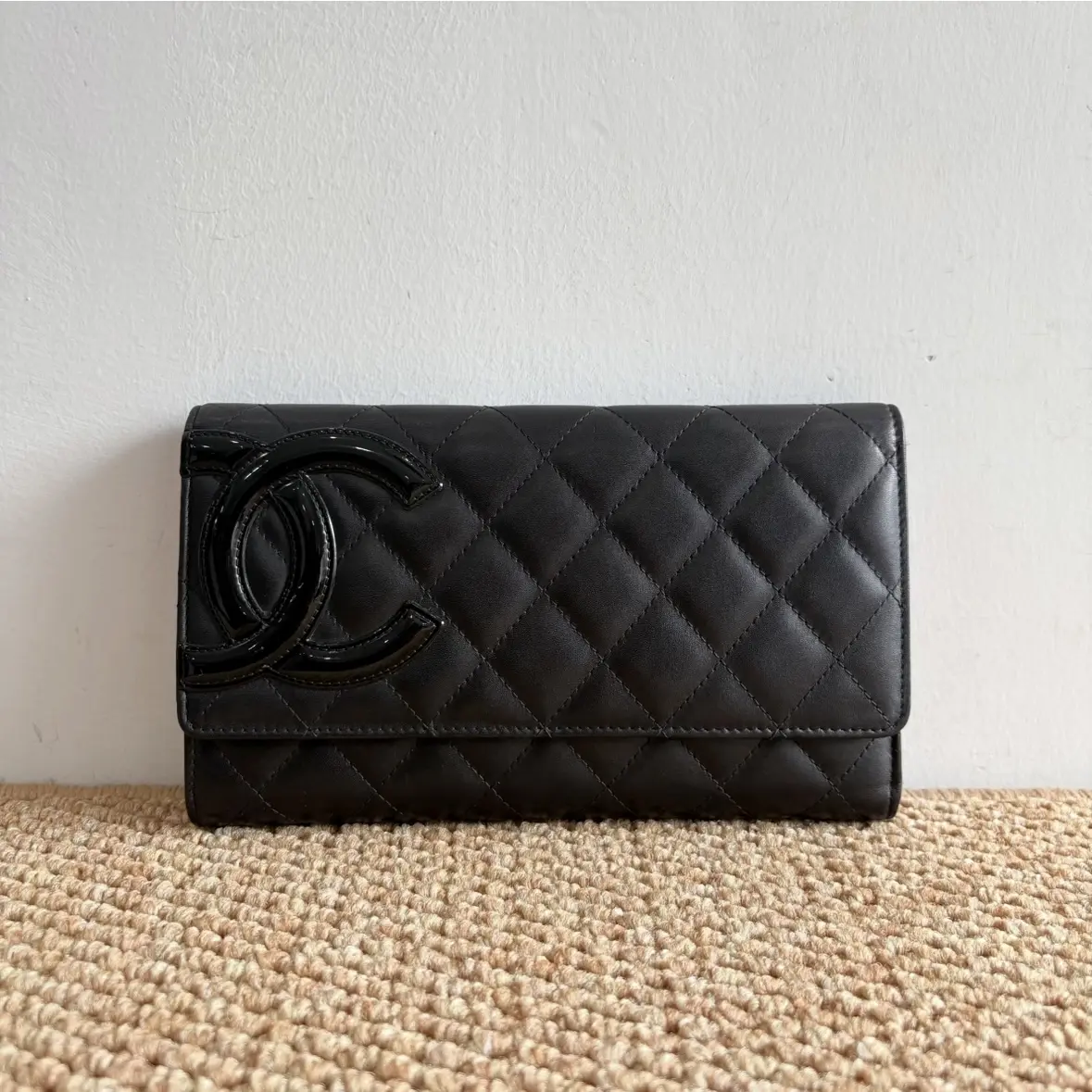 Pre-owned CHANEL Pre‑owned Cambon Long Flap Wallet | Black Quilted Lambskin Patent CC Logo Luxury Designer Wallet Woc