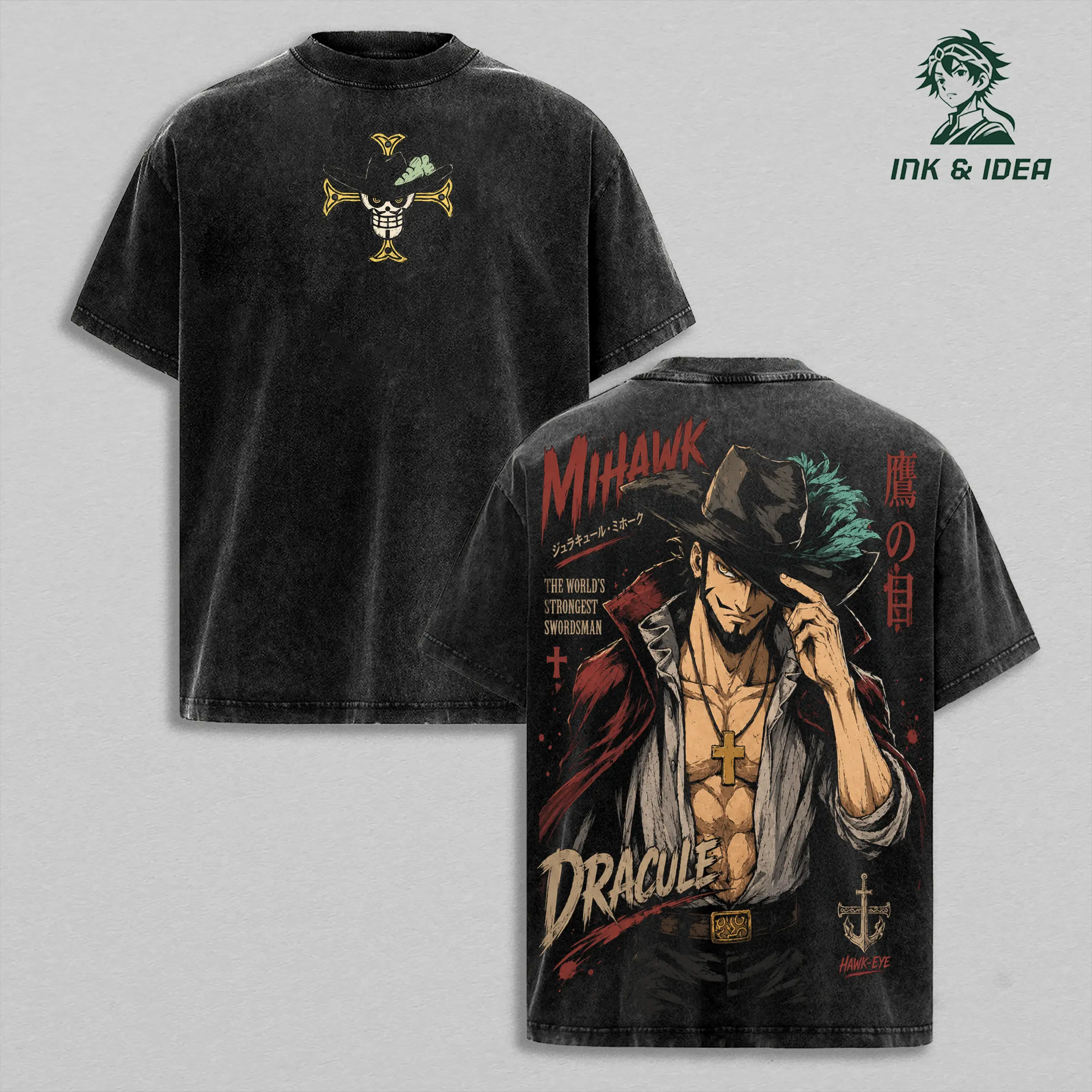 Dracule Mihawk One Piece Vintage Washed Anime Tee, World's Strongest Swordsman Graphic Shirt, Heavy Cotton Oversized Streetwear T-Shirt