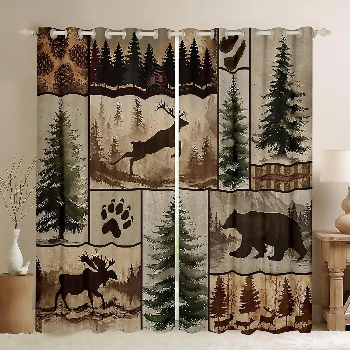 Rustic Bear Curtains Farmhouse Bear Deer Window Drapes Treatments Elk Moose Forest Animal Window Drapes Wildlife Hunting Window Treatments,,2 Panels