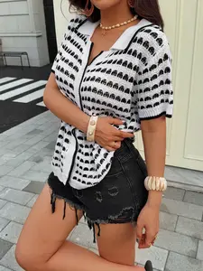 Summer Hollow Out Plaid Design Women's Lapel Button Front Cardigan, Casual Fashion Elegant Loose Fit Breathable Knit Outerwear Short Sleeve Top, Knitwear