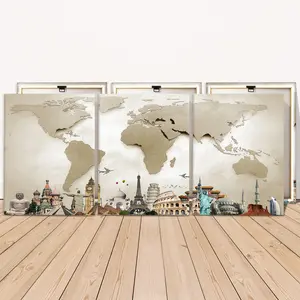 3 Counts Wooden Framed Canvas Painting, World Landmarks And Map Design, Exquisite Poster, Perfect Living Room Decoration, Modern Art, Fashion Family Poster, Wall Art Decoration, Waterproof Art