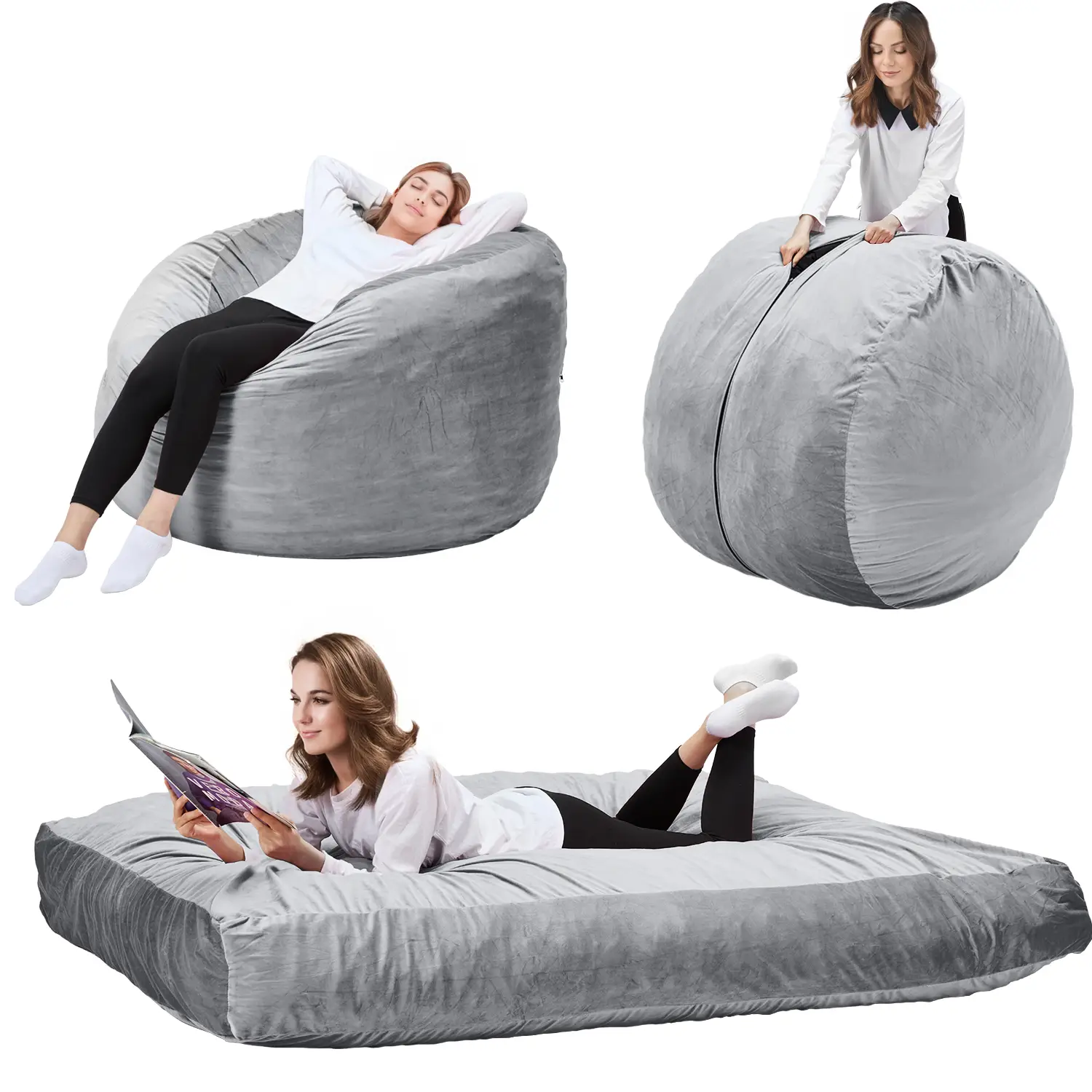 EROMMY 5’FT Relax Beanbag Lazy sofa Chair Bed , Durable Memory Foam Furniture Cushion Flannel Fabric Removable Machine Washable，Convertible Folds from