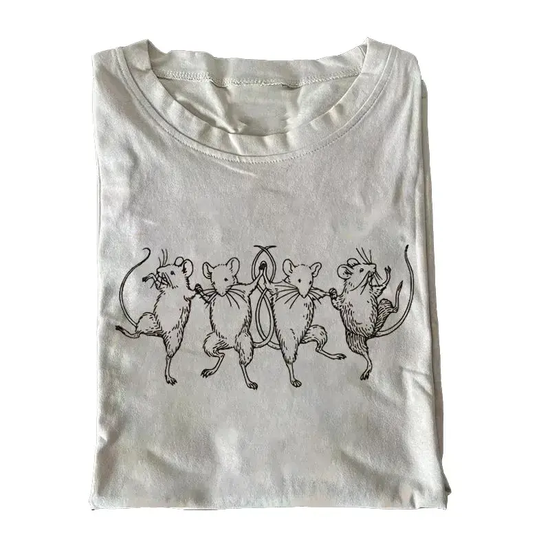 Women's Round Neck Ribbed Oversized Cotton T-Shirt - Vintage Retro Funny Dancing Rats Graphic Clothes, Casual Unisex Streetwear Gift Top, Style 011309