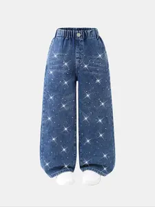 Girls' Washed Blue Fashion Street Style Straight Leg Jeans, Rhinestone Design, Comfortable Daily Wear, Perfect Gift for Kids Under 8, Elastic Waisted Pants