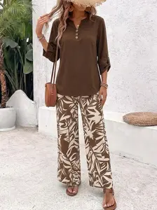 Women's Relaxed-Style 2-Piece Commuter Clothing Set - Half-Button Long-Sleeve Top, Retro Floral Wide-Leg Pants for Outings