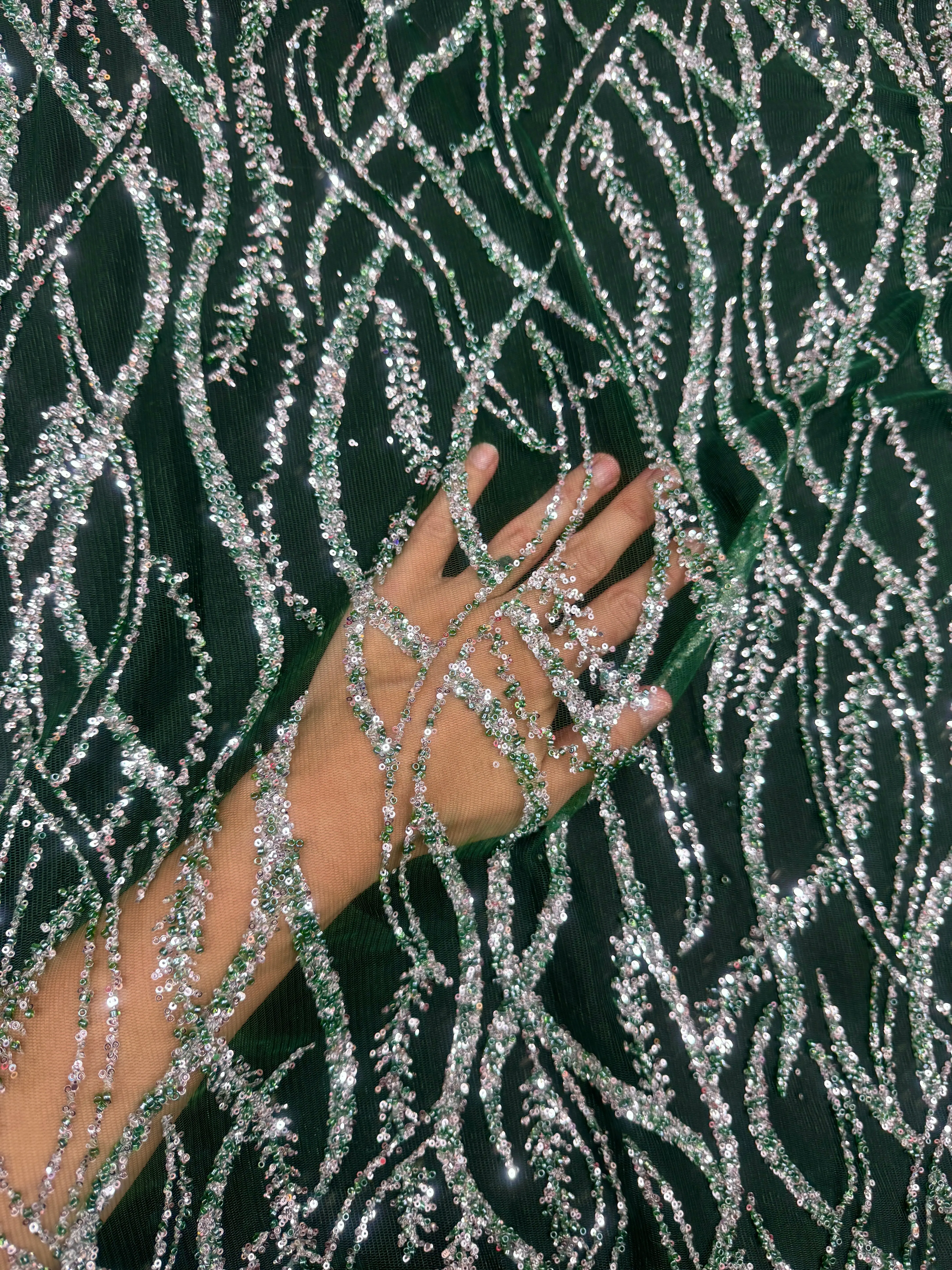 Emerald Green/Silver Wave Glitter Lace Mesh