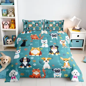 Cute Dog and Cat Comforter Set,Colorful Puppy Paw Print Bedding Set, Kids Girls Boys Bedroom Decor Cartoon Pet Animals Quilt Set,Dark Green Kawaii
