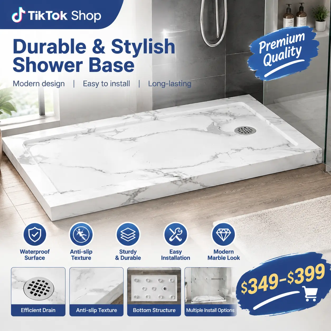 KPUY White Marble Look Shower Base Pan ,48"-60" L x 32"-36" W, Carrara White, Reversible Install, Slip-Proof Design, Left or Right Shower Drain, Non-Integrated Flange, Easy to Clean homemakeover,home decor