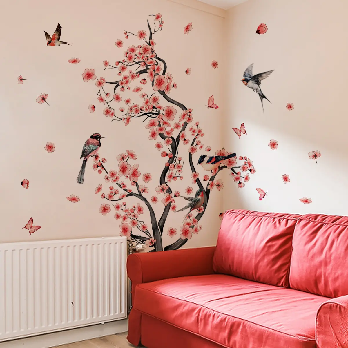 2Pcs/Set (3090cm2pcs) Hand-painted Watercolor Cherry Blossom Tree Wall Sticker Flower Wall Decals, Pink Flower Swallow Bird Butterfly Home Living Room Bedroom Decor, Flower Wall Stickers