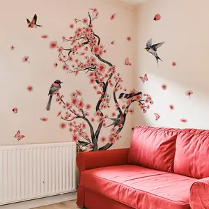 2Pcs/Set (3090cm2pcs) Hand-painted Watercolor Cherry Blossom Tree Wall Sticker, Pink Flower Swallow Bird Butterfly Home Living Room Bedroom Decor