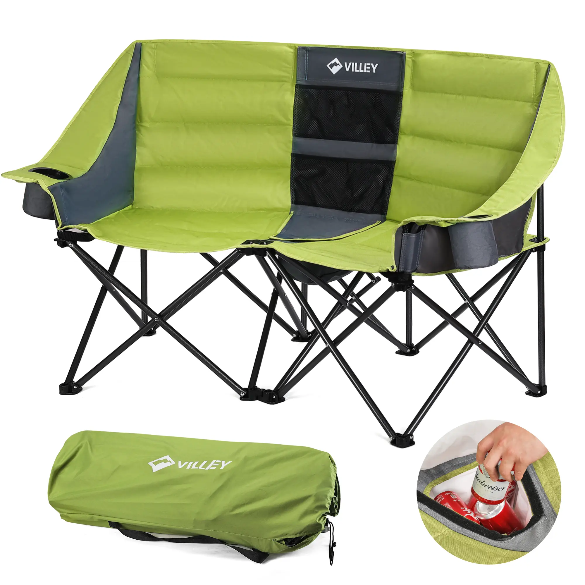 #summersale VILLEY Double Camping Chair w/Cooler Bag, Extra Wide Loveseat, Heavy Duty Padded Camping Couch, Portable Folding Chair w/Carry Bag Steel Frame Cup Holders for Camp Lawn Picnic Sports, Support 600LBS