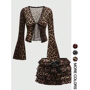 Women’s sexy leopard print long-sleeve crop top with front tie and pleated leopard print mini skirt, 2-piece set—fashionable party outfit