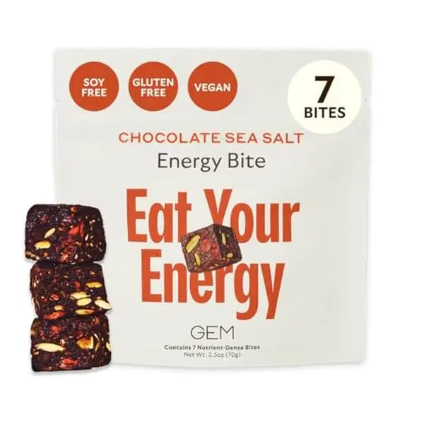 GEM Energy Caffeinated Chocolate Bite | Holistic Sustained Energy | Supports Metabolism, Stamina & Endurance | 40mg Caffeine, Ginseng Root, L-Theanine | Chocolate Cacao Sea Salt | 7 Servings