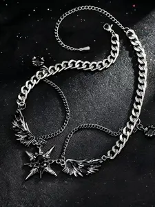 Y2K Feather Wing & Star Pendant Necklace, Punk Hip-Hop Gothic Grunge Cool Girl Choker Stacked Stainless Steel Chain, Goth Alternative Unique Collarbone Chain Edgy Dark Jewelry For Festivals Or Vampire-Themed Evening Glam, Bling Stylish Accessory
