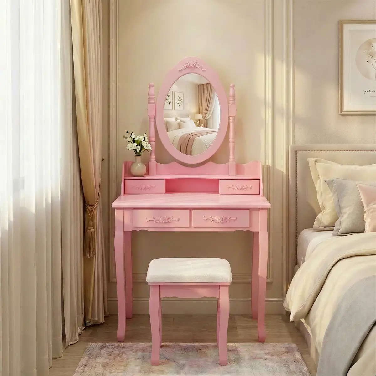 Pink/White Contemporary Princess Vanity Desk Set - Engineered Wood Dressing Table with 360° Rotating Mirror, Adjustable LED Lights, 4 Drawers, Storage, Decorative Patterned Upholstered Stool (Footrest), Assembly Required for Girls’ Bedroom, With Drawers