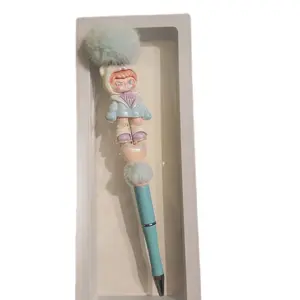 Baby doll, Furr Ball Beaded Pen, Baby Blue & Pink, Refill Included, Soft Fur Accents, Cute Design