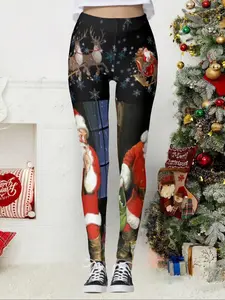 Women's High Waist Santa Print Workout Leggings - Tummy Control & Butt Lifting Yoga Pants for Running, Gym & Holiday Fun! (Festive Activewear, Christmas Cheer Style)