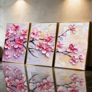 3Pcs Aluminum Alloy Framed Painting, Pink Blossom Floral Art Picture, Home Decoration For Living Room, Bedroom, Office, Restaurant, Hallway Wall Decor, Odorless Print Artwork, Luxury Perfect Gift For Friends And Family