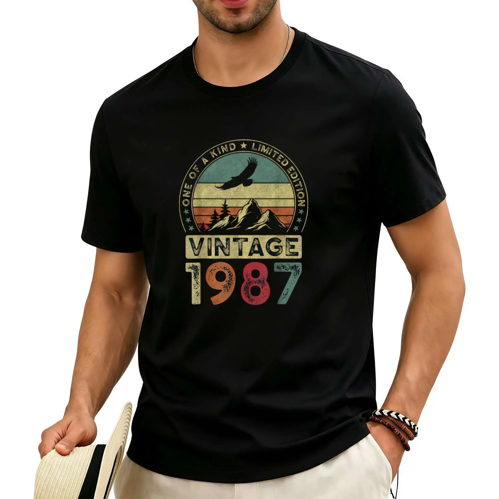 Oversized Casual T-Shirt, 1987 Retro Mountain Art Print Tee, Vintage Born In 1987 Pattern Design Shirt, Relaxed Loose Daily Wear Top, Trendy Nostalgic Graphic Apparel, Unique Gift