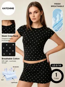 Katch Me Chic Women's Lovely Polka Dot Round Neck Short Sleeve Top & Mini Skirt Co-ord, Elegant Skin-Friendly Cotton Two Piece Sets, Breathable Anti-Pilling Stretch Daily Outfit