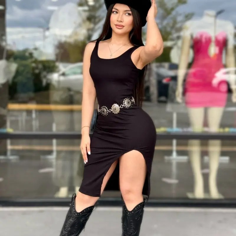 Womenswear Midi Dress with Slit, Casual Style, Black Color, Versatile Design for Everyday Wear