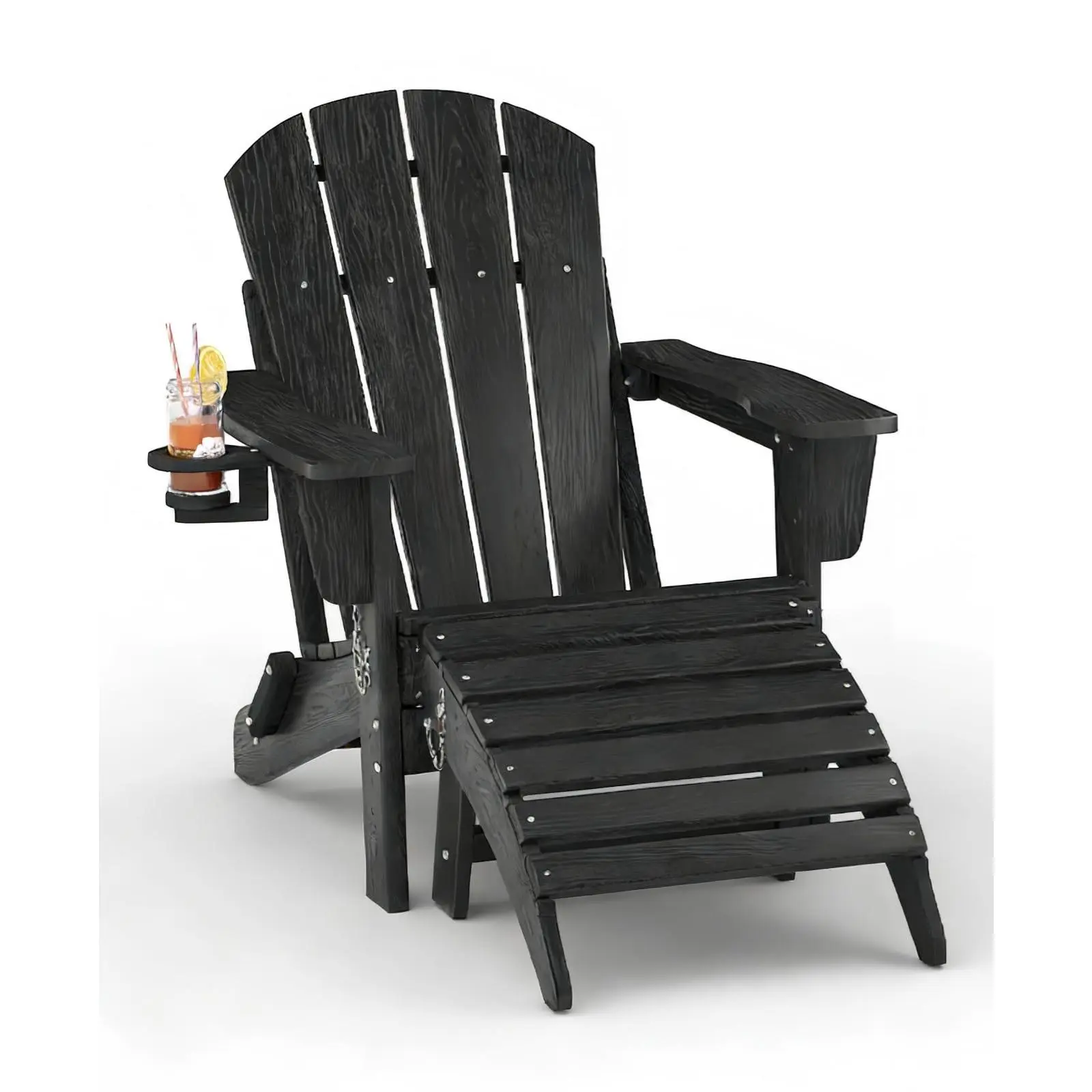 Folding Adirondack Chair with Ottoman, All-Weather HDPE Outdoor Chair, Wooden Textured with Cup Holder for patios, Decks, Gardens, fire pits, Black
