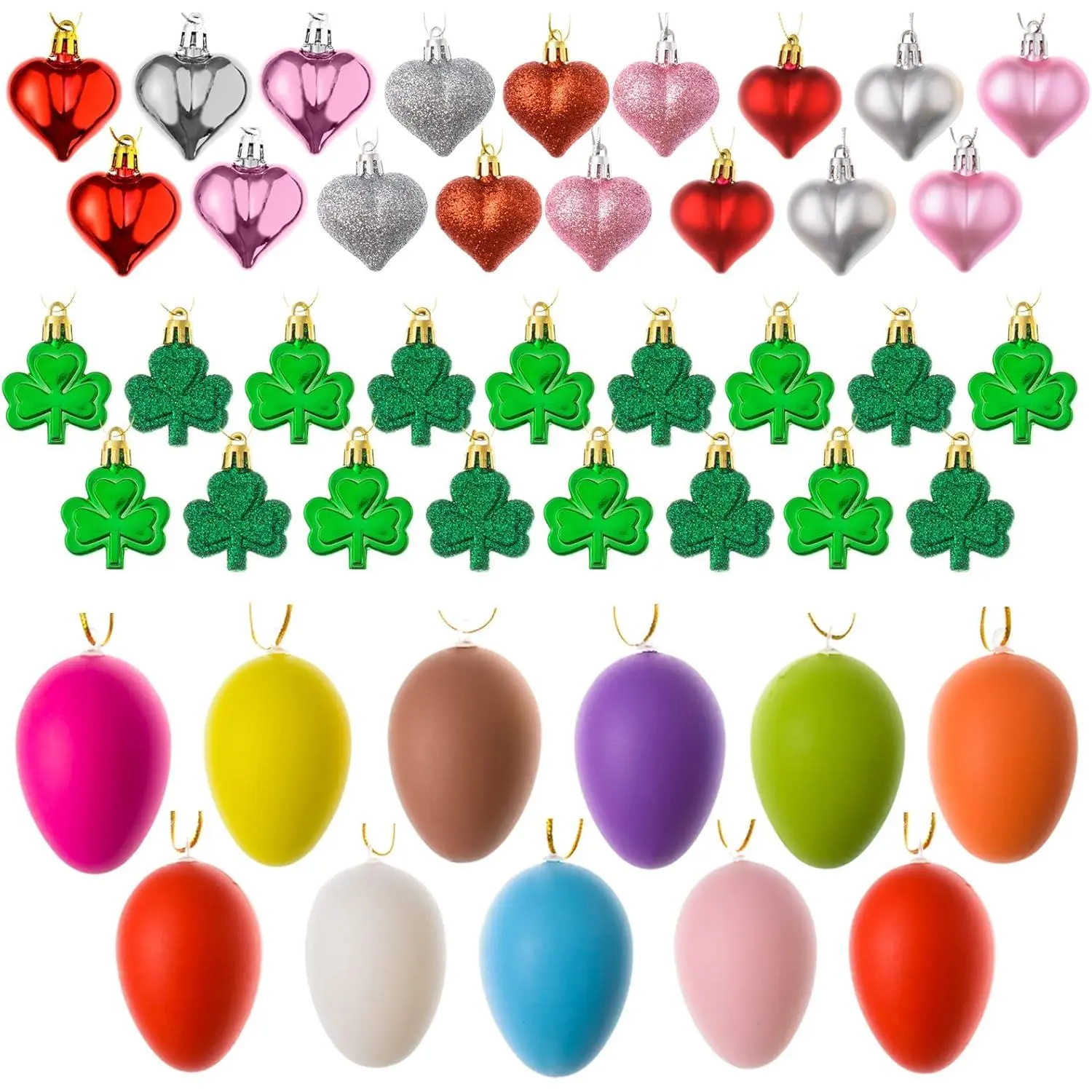 72 Pieces Valentine's Day Heart Ornaments St Patrick's Day Shamrocks Ornaments Easter Egg Ornaments Heart Shaped Baubles Clover Baubles Hanging Egg Ornaments for Holiday Party Decorations