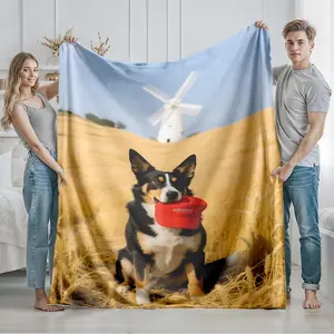 1 piece A corgi with a red hat in a wheat field with windmills in the background themed flannel blanket - Super soft and warm flannel blanket, suitable for beds, sofas and camping, modern design, digitally printed pattern, all-season use, 100%