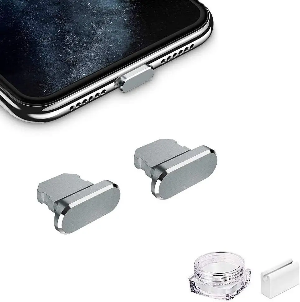 Metal Anti Dust Plug Compatible with  14 13 12 11 X XS XR 8 7 SE Mini Plus Pro Max iPad AirPods, 2 Pack Lightning  Port Cover Protectors with Plug Holder and Carry Box (Grey)