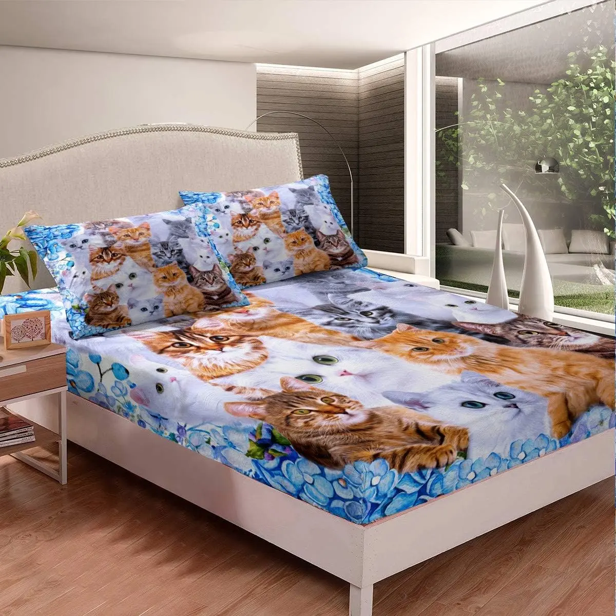 Feelyou Luxury Cat-Themed Bedsheet Sets - Cartoon Kitten Print Microfiber Bed Sheets, Deep-Pocket Fitted Sheets, Multi-Size (Incl. Queen) Options for Cat Lovers, Bed Linens, Bedding Supplies