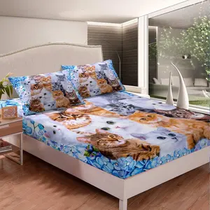 Feelyou Cat Themed Luxury Bedsheet Sets - Cartoon Kitten Print, Microfiber Deep-Pocket Fitted Sheets in Multi Sizes for Cat Lovers