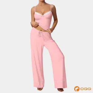 OQQ Women’s Loungewear Pajama Set – Chic Deep V-Neck Cami Top With Bow & Relaxed Drawstring Pants Sleepwear Sets