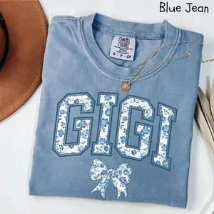 Comfort Colors Blue Floral Gigi Shirt, Blue Ribbon Gigi Graphic Tee, Mothers Day Gift, Girly Aesthetic Gift For Grandma, Bow Chinoiserie Granny Outfit