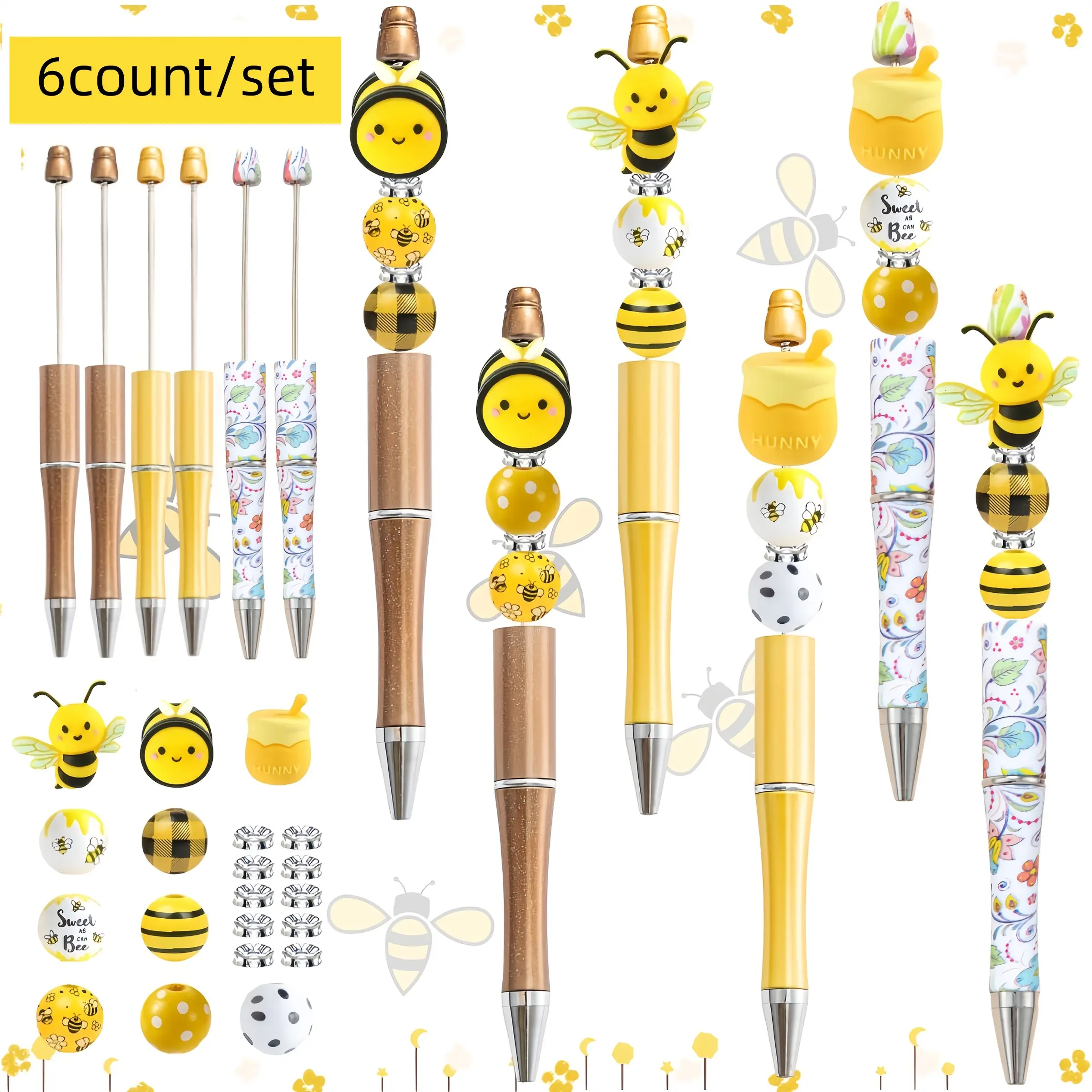 Cute Bee Design Beaded Pen Set, 6/12pcs DIY Beaded Pen with Random Style Silicone Beads, Writing Pen for Office School Student Aesthetic Pens Unique Pens