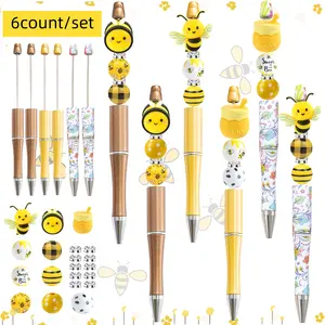 Cute Bee Design Beaded Pen Set, 6/12pcs DIY Beaded Pen with Random Style Silicone Beads, Writing Pen for Office School Student Aesthetic Pens Unique Pens