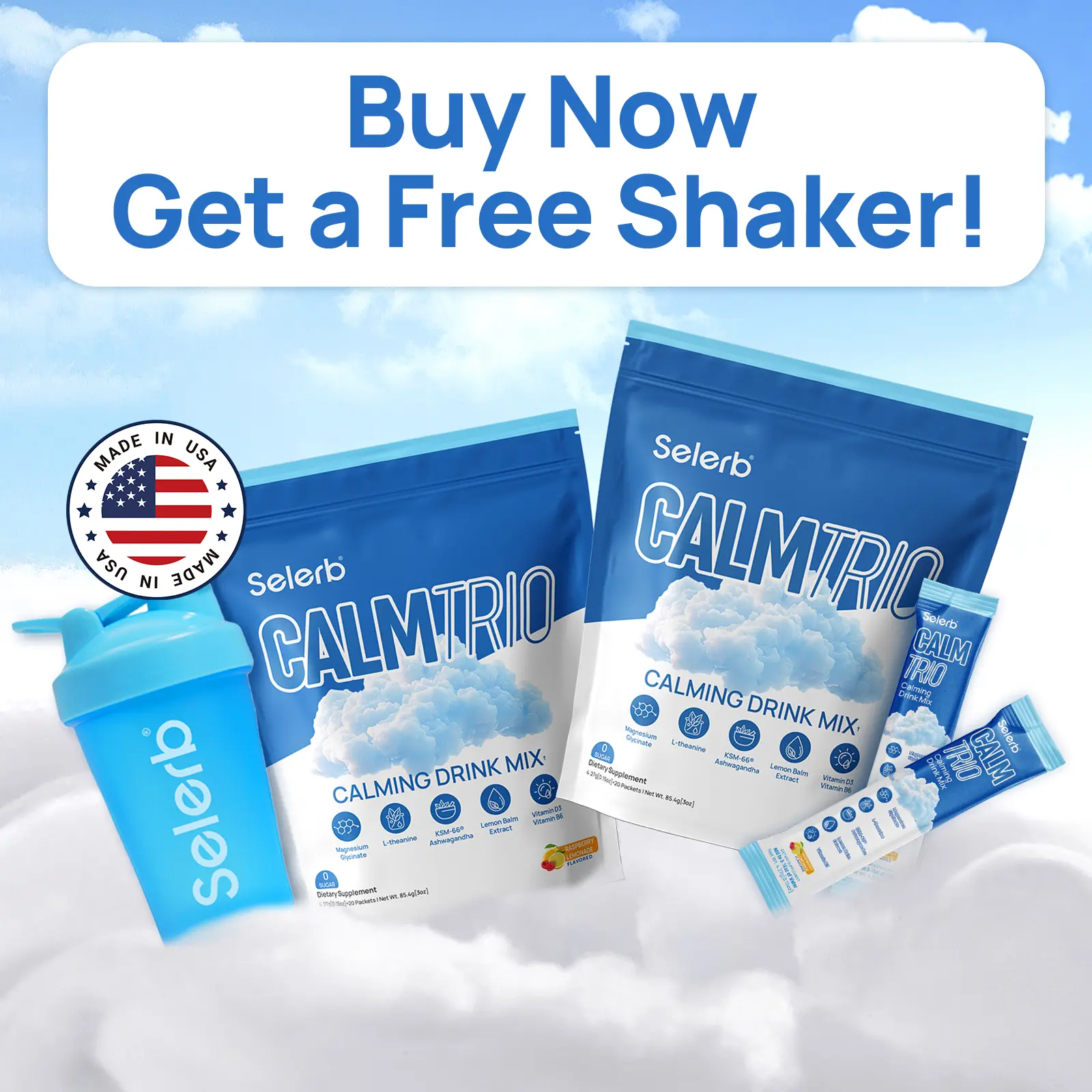 (2-pack+Free Shaker Cup) CalmTrio Magnesium Glycinate Powder Cortisol Drink Mix - No Sugar with L-Theanine, Ksm-66 Ashwagandha, Lemon Balm, Vitamin D3, B6, Supplements for Relax, Focus & Calm, Raspberry Lemon 20 Ct