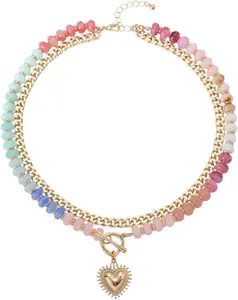 Colorful Acrylic Beaded Necklace For Women, Boho Double Layer Rainbow Beads Thick Cuban Chain Chunky Heart Pendant Statement Choker Summer Beach Jewelry Gift