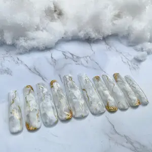 White Quartz/ Marble Press On Nails with Gold Leaf - Perfect for Any Occasion