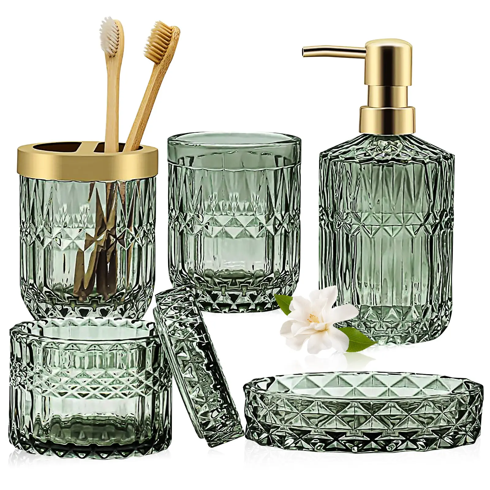 Vintage Hand-Cut Green Glass 5-Piece Bathroom Accessories Set - Bathroom Counter Organizer with Lotion Bottle, Soap Dispenser, Soap Dish, Toothbrush Holder, Tumbler, Cotton Swab Jar, Ideal Home Supplies Gift